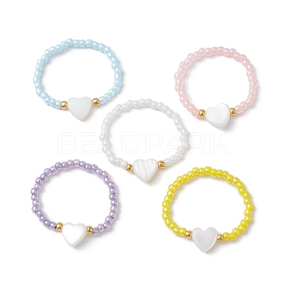 Natural Shell Heart & Glass Seed Beaded Stretch Rings RJEW-JR00606-1