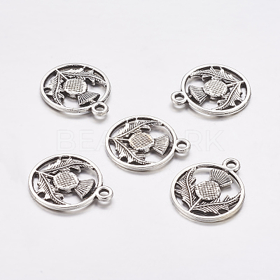 Tibetan Style Alloy Flat Round with Flower Scotland Thistle Pendants X-TIBEP-24054-AS-FF-1