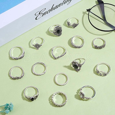 15Pcs 15 Style Crystal Rhinestone Rhombus & Lotus & Crown Finger Rings Set JR940A-1