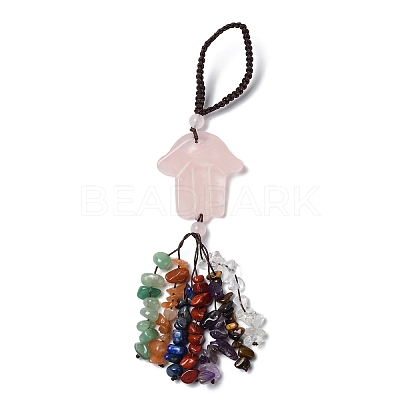 Hamsa Hand/Hand of Miriam Natural Rose Quartz Pendant Decorations HJEW-R127-02A-1