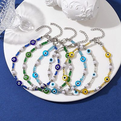 Handmade Evil Eye Lampwork & Glass Seed Beaded Anklets AJEW-AN00573-1