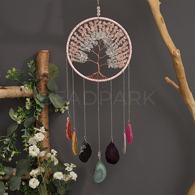 Brass Wire Wrapped Natural Rose Quartz & Quartz Crystal Chips Tree of Life Pendant Decorations HJEW-D302-04-1