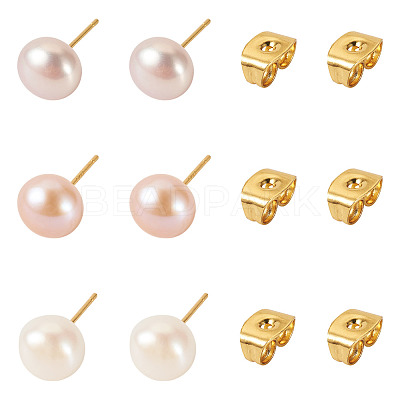 6Pcs 3 Colors Natural Cultured Freshwater Pearl Stud Earrings EJEW-TAC00027-1
