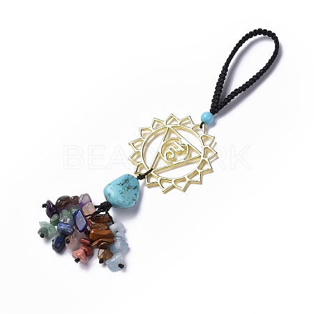Natural Raw Turquoise & Mixed Stone Chips Tassel Pendant Decorations HJEW-P014-01G-07-1