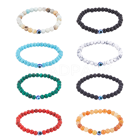 FIBLOOM 8Pcs 8 Style Natural & Synthetic Mixed Gemstone & Evil Eye Round Beaded Stretch Bracelets Set BJEW-FI0001-48-1