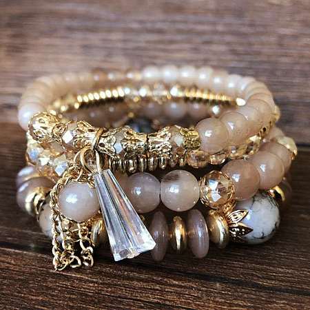 4Pcs 4 Styles Bohemian Style Alloy Glass Round Beaded Stretch Bracelets FS-WG80D8B-04-1