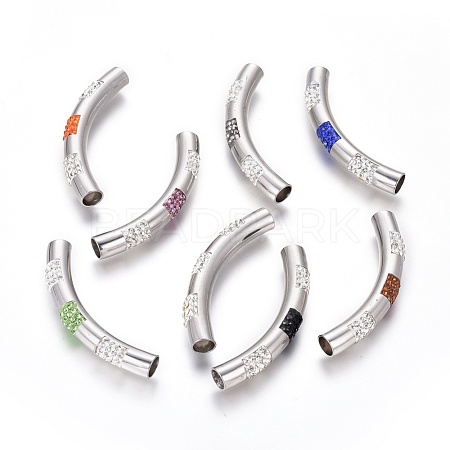 304 Stainless Steel Polymer Clay Rhinestone Curved Tube Links connectors STAS-E477-20-1