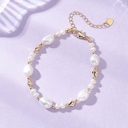 Natural Cultured Freshwater Pearl & Brass Beaded Bracelets for Women BJEW-JB13366-1