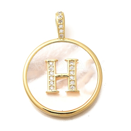 Rack Plating Brass Micro Pave Clear Cubic Zirconia Pendants with Shell KK-M309-42G-H-1