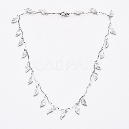 304 Stainless Steel Leaf Charm Necklaces NJEW-G336-08P-1