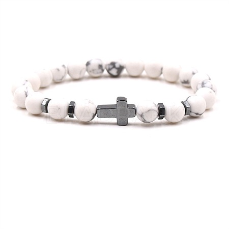 8MM Round Natural Howlite Beaded Stretch Bracelets with Synthetic Non-magnetic Hematite Cross FA1012-3-1
