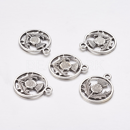 Tibetan Style Alloy Flat Round with Flower Scotland Thistle Pendants X-TIBEP-24054-AS-FF-1