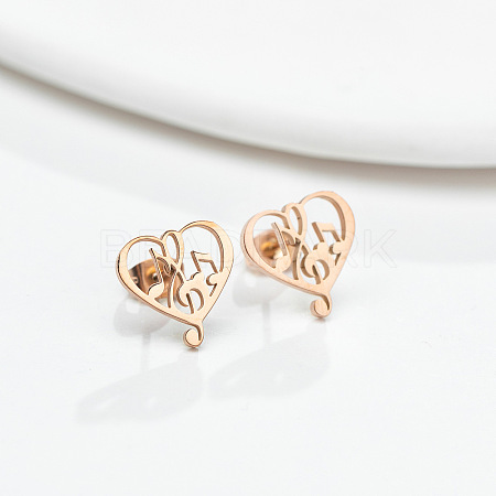 304 Stainless Steel Heart with Music Note Stud Earrings with 316 Stainless Steel Pins for Women MUSI-PW0001-25RG-1