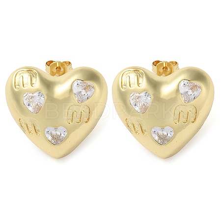 Heart Brass Micro Pave Clear Cubic Zirconia Stud Earrings EJEW-A034-06G-1
