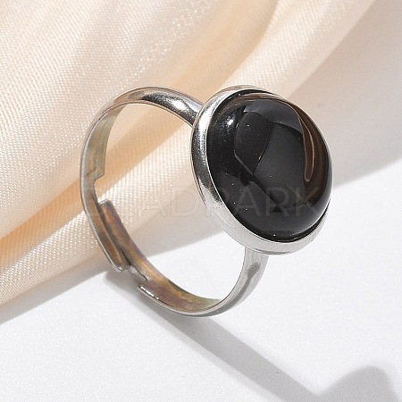 Half Round Natural Black Agate Finger Rings RJEW-M062-01P-05-1