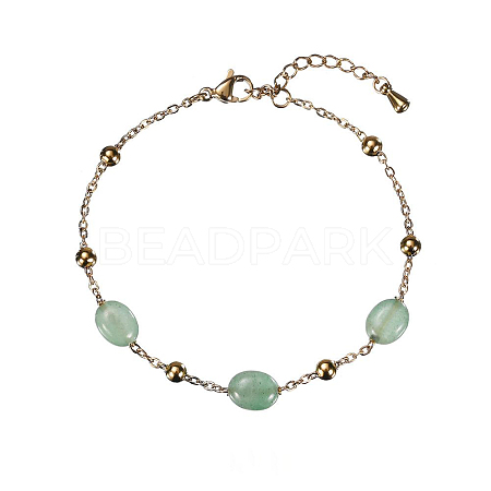 Real 18K Gold Plated Stainless Steel Natural Green Aventurine Handmade Chain Bracelets FW1421-2-1