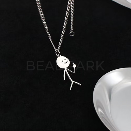 Funny Middle Finger Stickman 201 Stainless Steel Pendant Necklaces with Alloy Chains FS-WGF11D3-01-1