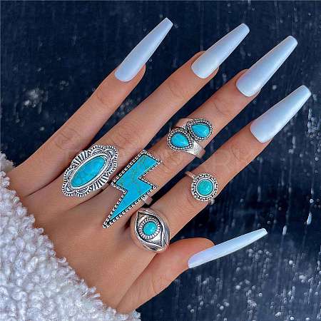 5Pcs 5 Style Synthetic Turquoise Finger Ring Sets for Women PW-WG14783-04-1
