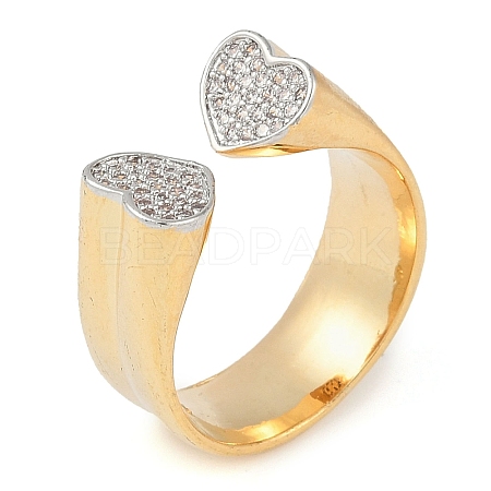 Heart Brass Micro Pave Clear Cubic Zirconia Open Cuff Ring for Women X-RJEW-Q819-20G-1