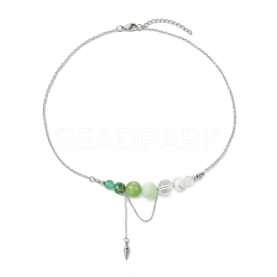 Natural Green Aventurine & Quartz Crystal & Dyed Imperial Jasper & New Jade Round Graduated Beaded Pendant 304 Stainless Steel Cable Chain Necklaces for Women NJEW-TA00242-03-1