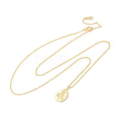 925 Sterling Silver Oval with Engraved Rose Flower Pendant Necklaces for Women NJEW-D316-03G-1