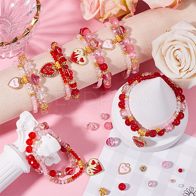 Valentine's Day Theme DIY Alloy Enamel Charm & Glass Beads Double-layer Stretch Bracelet Making Kits DIY-SC0028-70-1