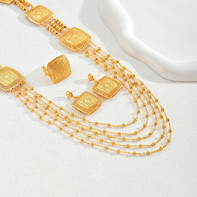 Bohemian Iron Hollow Square Multi-layer Necklaces & Stud Earrings & Cuff Rings Set for Women WD7231-1