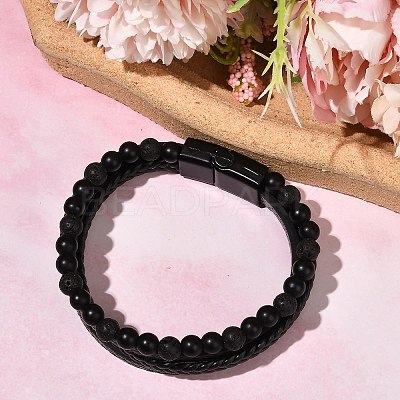 Natural Lava Rock & Glass Round Beaded Bracelets BJEW-G732-01A-1