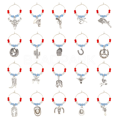 20Pcs 20 Style Cowboy Theme Alloy Wine Glass Charms with Glass Beads AJEW-BC0003-77-1