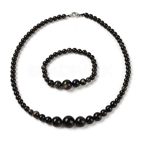 Natural Golden Sheen Obsidian Round Beads Bracelets & Necklaces Sets SJEW-L132-20-1