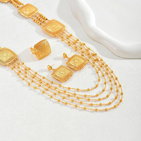 Bohemian Iron Hollow Square Multi-layer Necklaces & Stud Earrings & Cuff Rings Set for Women WD7231-1