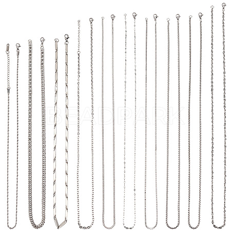 Olycraft 10Pcs 10 Style 304 Stainless Steel Curb & Rope & Box & Wheat & Bar Link Chain Necklaces Set MAK-OC0001-009-1
