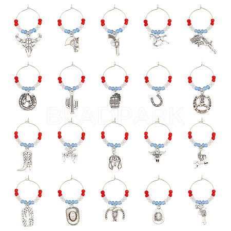 20Pcs 20 Style Cowboy Theme Alloy Wine Glass Charms with Glass Beads AJEW-BC0003-77-1