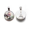 Flat Round with Owl Antique Silver Alloy Glass Pendants PALLOY-J688-02AS-2