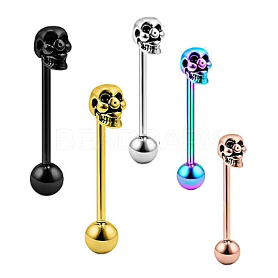 Skull 304 Stainless Steel Straight Barbell 15 Gauge Piercing Tongue Rings for Women Men FS-WG07D05-03-1