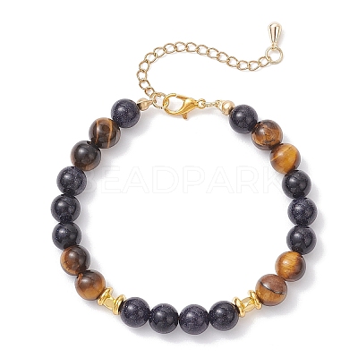 Round Natural Tiger Eye & Synthetic Blue Goldstone Beaded Bracelets for Women BJEW-JB12239-01-1