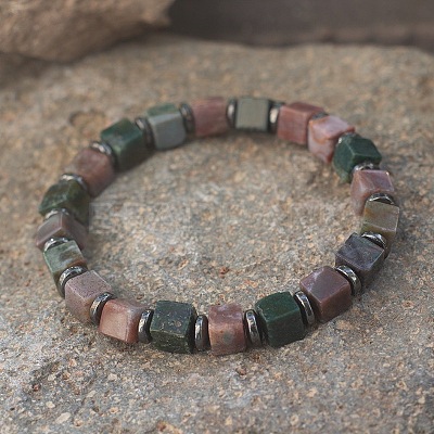 Cube Natural Indian Agate & Synthetic Non-magnetic Hematite Beads Stretch Bracelets for Women Men PF6426-3-1