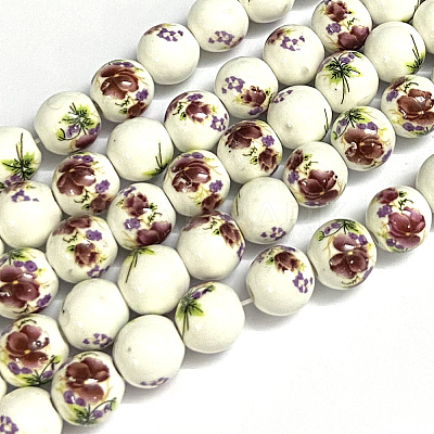 Handmade Flower Printed Porcelain Ceramic Beads Strands PORC-J006-A06-1
