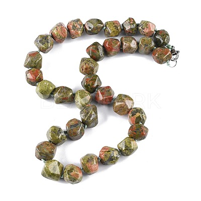 Natural Unakite Nuggets Beaded Necklaces for Women Men NJEW-K388-01U-1