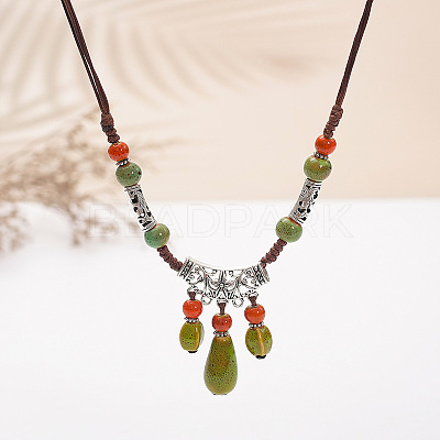 Bohemian Bohemian Alloy with Porcelain Teardrop Bead Tassel Pendant Adjustable Necklaces FS-WG3E161-03-1