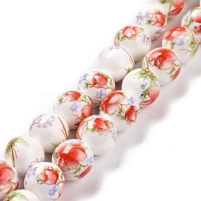 Handmade Flower Printed Porcelain Ceramic Beads Strands PORC-M007-10mm-01-1