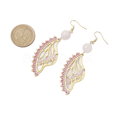 Butterfly Wing Natural Rose Quartz & Seed Beads Dangle Earrings EJEW-MZ00165-1