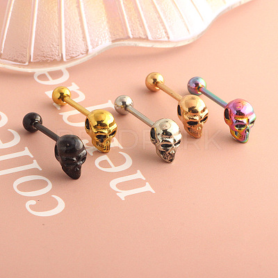 Skull 304 Stainless Steel Straight Barbell 15 Gauge Piercing Tongue Rings for Women Men FS-WG07D05-03-1