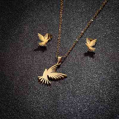 Stainless Steel Bird Stud Earrings & Pendant Necklaces Sets for Women PW-WG4042D-01-1