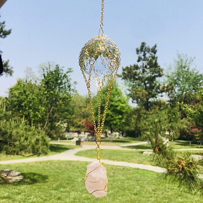 Hot Air Balloon K9 Ball Pendant Decoration with Natural Rose Quartz Wind Chime PW-WG30079-01-1