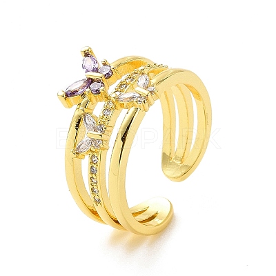 Violet Cubic Zirconia Butterfly Open Cuff Ring RJEW-C061-01G-1