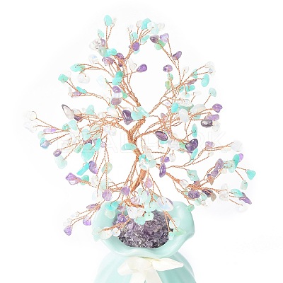 Natural & Synthetic Gemstone Chips with Brass Wrapped Wire Money Tree on Ceramic Vase Display Decorations DJEW-B007-01C-1