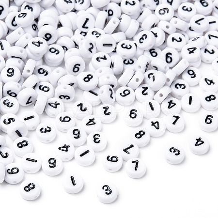 Mix Numbers White Flat Round Acrylic Beads X-PB9111-1