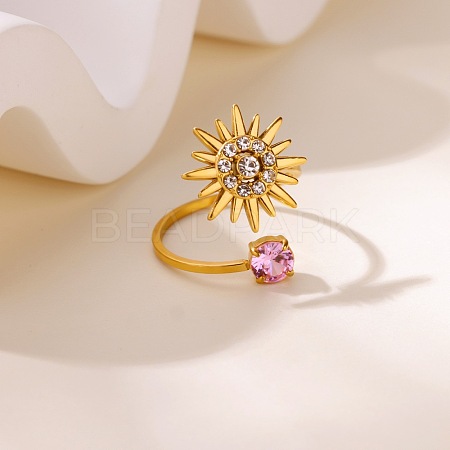 304 Stainless Steel with Glass Rhinestone Open Cuff Rings RJEW-Z132-05G-1