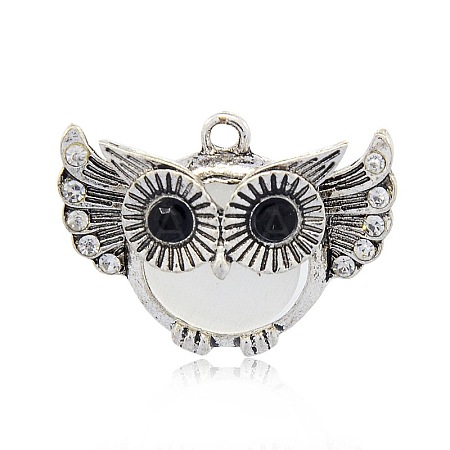 Antique Silver Tone Alloy Cat Eye Owl Pendants for Halloween PALLOY-J419-01AS-1